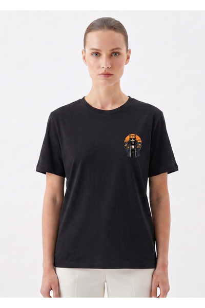 Kedi Baskılı Unisex Loose Fit Bisiklet Yaka Viskon Siyah Tişört