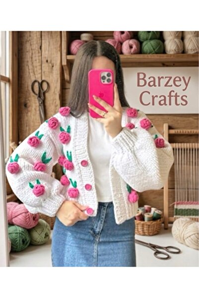 Barzey crafts Hand-Knitted Floral Cardigan with Rose Details for Women