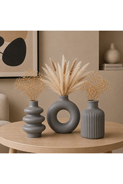 Family Studio 3’lü İskandinav Tarzı Dekoratif Vazo Seti – Modern Bohem Pampas...
