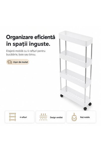 iTin Etajera mobila cu roti, 4 rafturi, metal si plastic, alb, 40.5x22.5x87 c...