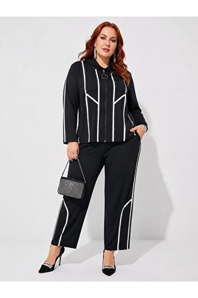 DARKWIN Plus Size Zippered Hooded Contrast Striped Stone Detailed Wide Leg Wo...