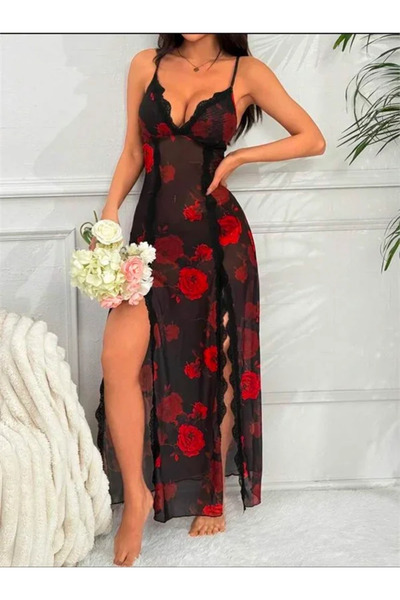 SS HOME CONCEPT Special Design Black Lace Embroidered Red Rose Patterned Slit...