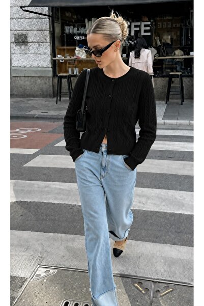 MAISONE Black Hair Braid Patterned Crew Neck Buttoned Women's Knitwear Cardig...