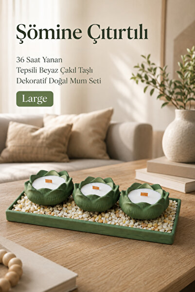 Madetoll Lotus Yeşil Tepsili, Çakıl Taşlı Dekoratif Mumluk Seti Large – Ahşap...