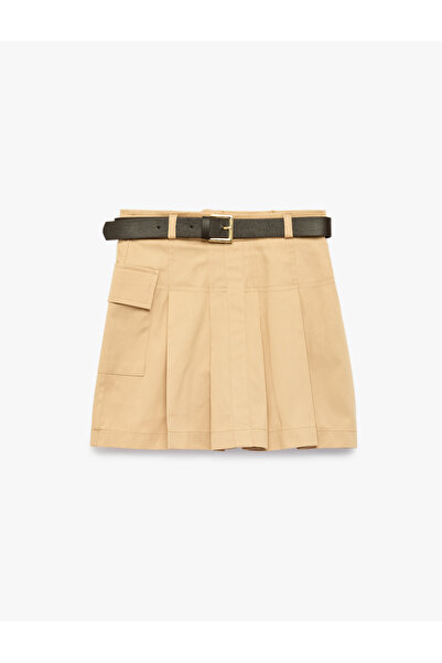 Koton A-Line Cotton Belted Gabardine Pleated Mini Skirt with Cargo Pocket Detail