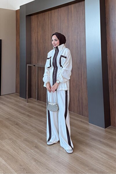 Rimel Moda Şeritli Takım Ekru