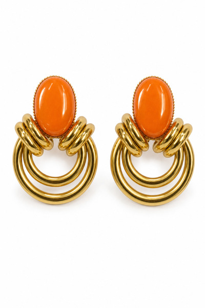 Jack Ferrero Yellow Color Orange Stone Ring Detailed Stylish Bijouterie Earrings