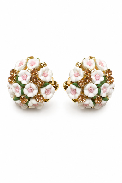 Jack Ferrero Elegant Floral Motif Yellow Tone Bijouterie Earrings with Stone ...