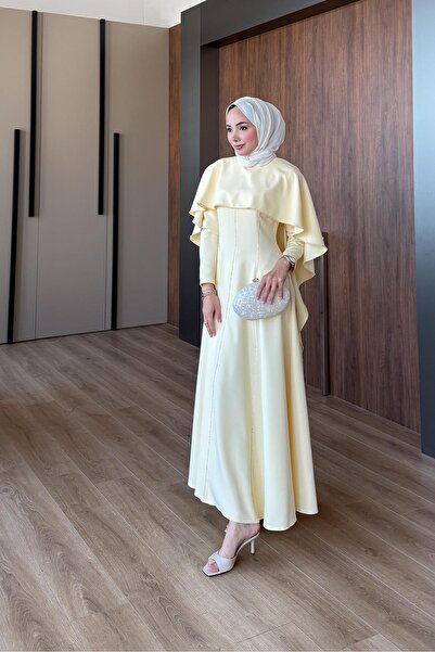 Rimel Moda Riva Pelerin Taş Detaylı Elbise Sarı
