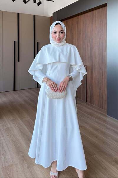 Rimel Moda Riva Pelerin Taş Detaylı Elbise Ekru