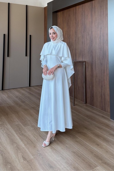 Rimel Moda Riva Pelerin Taş Detaylı Elbise Ekru