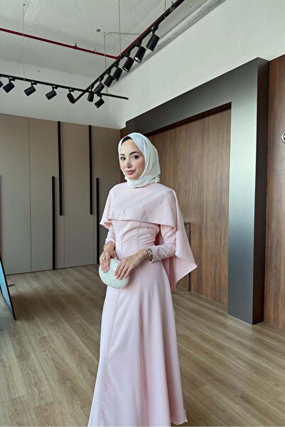 Rimel Moda Riva Pelerin Taş Detaylı Elbise Pembe