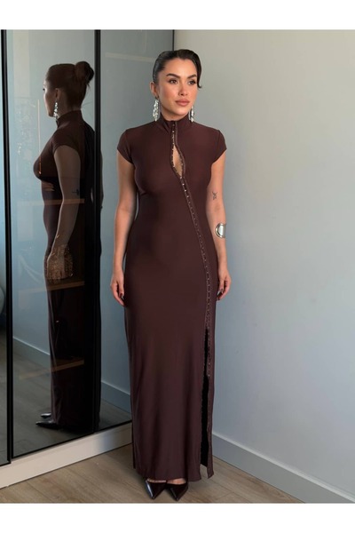 ROUPAS COLLECTİON Moca Kanca Asimetrik Elbise
