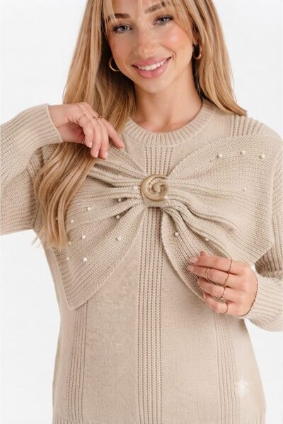 ZERELLE COLLECTİON Women's Knitwear Sweater with Crew Neck, Bow Front, Pearl Detail, Buckle, Stylish, Winter Wear