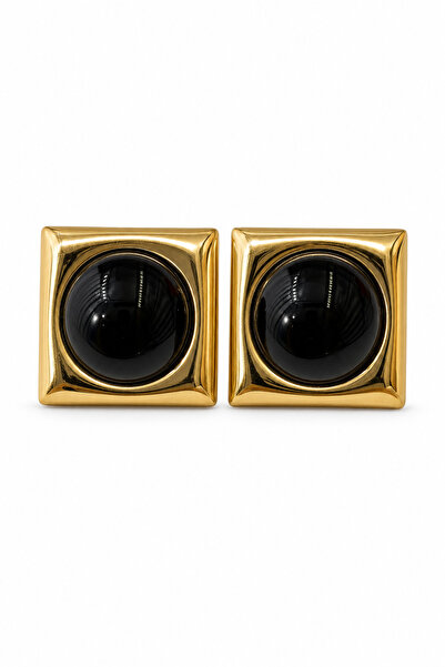 Jack Ferrero Black Stone Square Formed Yellow Tone Bijouterie Earrings