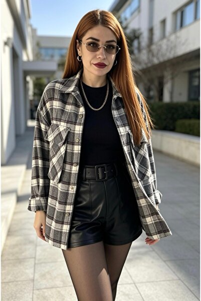aurabutikstyle Gri Kadın Oversize Ekose Oduncu Gömlek