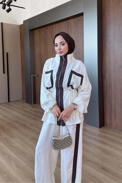 Rimel Moda Şeritli Takım Ekru
