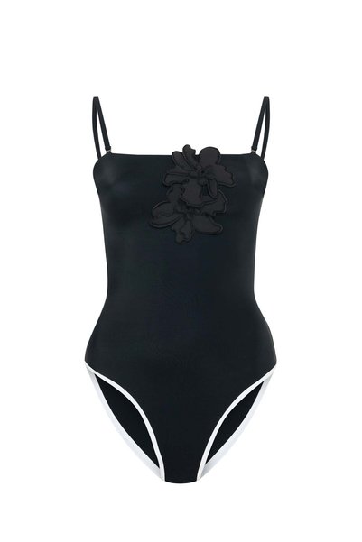 MİSSARWEN Black Women's Swimsuit with Appliqué Floral Detail and Thin Straps – Fiora