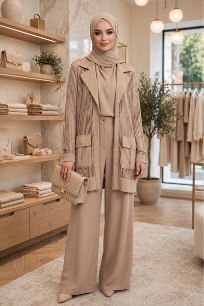 FTZ WOMEN KADIN FİLE DETAYLI KUŞAKLI İKİLİ TAKIM BEİGE