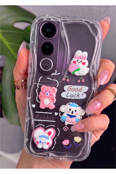Rivor Vivo V50 Lite Uyumlu Kılıf 3D Sevimli Tavşan ve Ayıcık Figürlü Kabartmalı Dalgalı Wavy Şeffaf Kapak