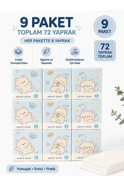 KEA Mini Cep Boy Peçete 9 Paket 72 Yaprak – Kawaii Desenli Kağıt Peçete