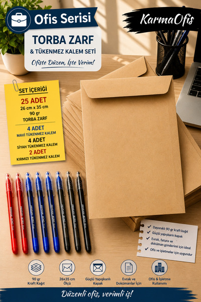 KarmaOfis 26X35 cm 90 Gr Kraft Bag Envelope 25 Pieces |   10 Ballpoint Pens |...