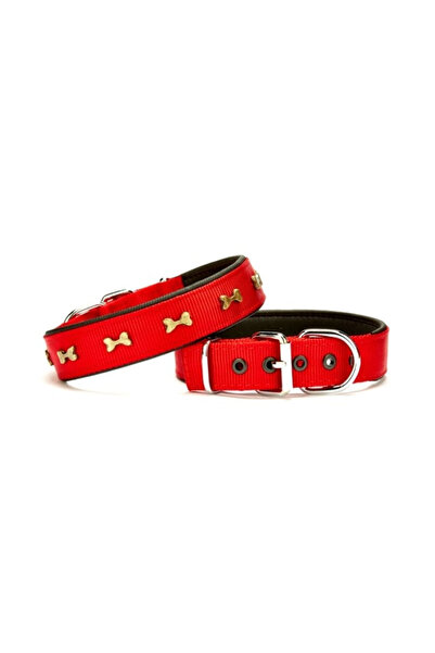 pınaxar Soft Metal Bone Patterned Dog Collar 3 cm X 65 cm Red