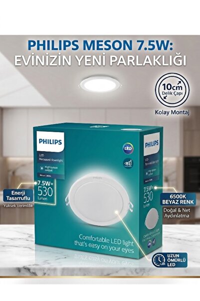 Philips Meson 7.5w 6500K Beyaz Işık 530 Lümen 10CM Delik Çapı Yuvarlak Spot A...