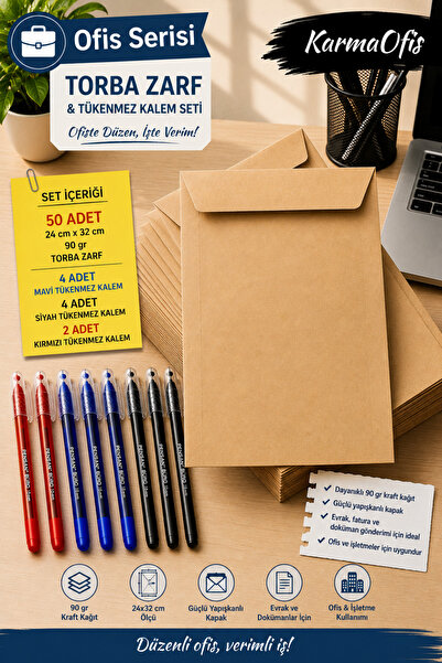 KarmaOfis 24X32 cm 90 Gr Kraft Bag Envelope 50 Pieces |   10 Ballpoint Pens |...