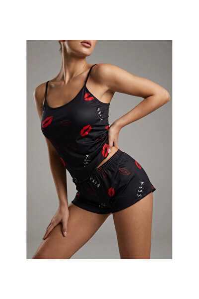 Nur store Çanta Kiss Patterned Women's Pajama Set with Straps and Shorts