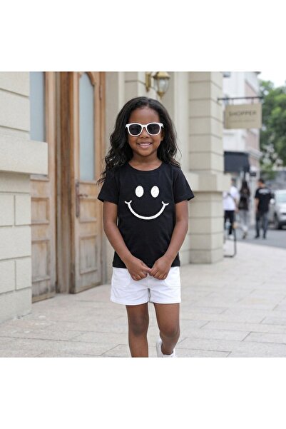 TİMİSİVA Tricou negru din bumbac cu imprimeu Smiley pentru familie și copii -...