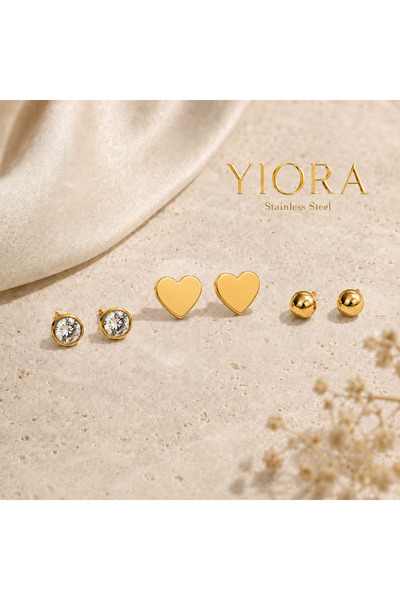 yiora 3 Pairs Stainless Steel Earring Set – Stone, Heart and Ball Model Gold ...