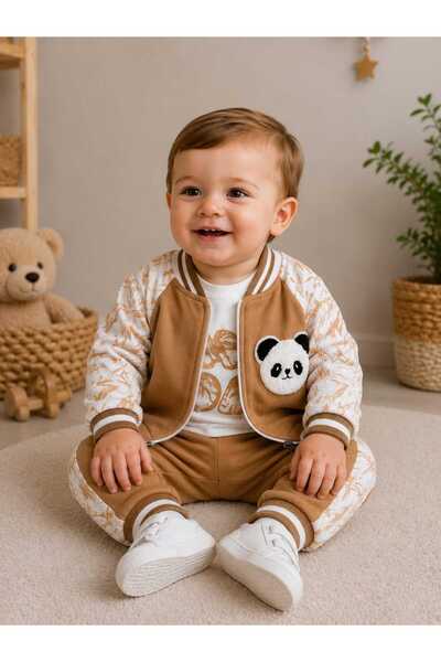 krm kerem bebe Erkek Bebek Kabartmalı Panda Aplikeli Kolej Ceketli 3'lü Mevsi...