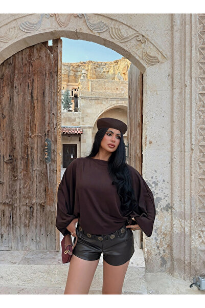 kırmızı butiks Coffee Bat Sleeve Boat Neck Blouse