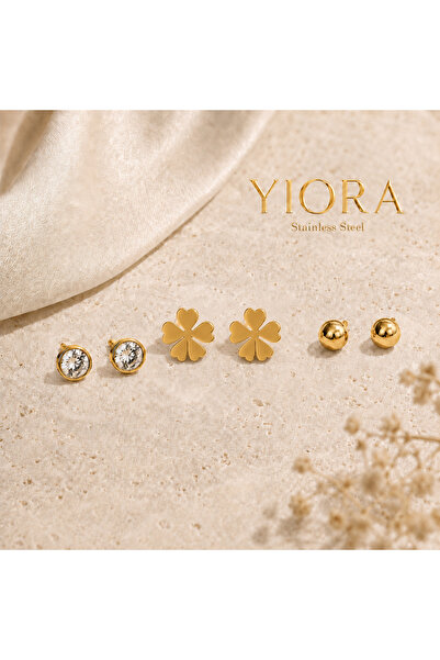 yiora 3 Pairs Stainless Steel Earring Set – Stone, Clover, and Top Model Gold...