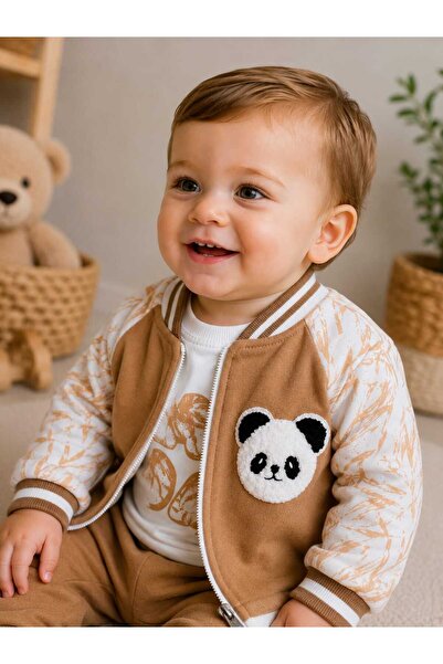 krm kerem bebe Erkek Bebek Kabartmalı Panda Aplikeli Kolej Ceketli 3'lü Mevsimlik Pamuklu Takım