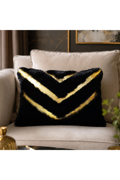 Volas Siyah Gold Detaylı Peluş Dekoratif Yastık 40x55 cm İçi Dolgulu Dikdörtg...