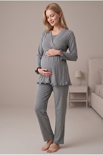 Lohusa Dünyasi Women's Smoked Double-Breasted Collar Long Sleeve Maternity Pa...