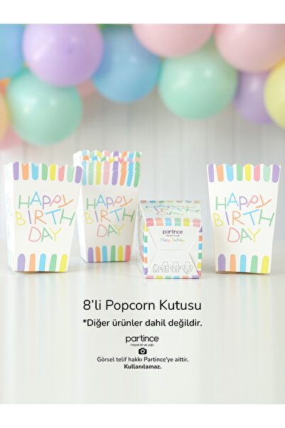 partince 8 Adet Makaron Happy Birthday Tema Popcorn Mısır Kutusu