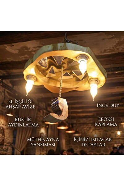 Doğal Ahşap Ortası Parçalı Ayna Epoksi Kaplama Zincir Askılı Avize