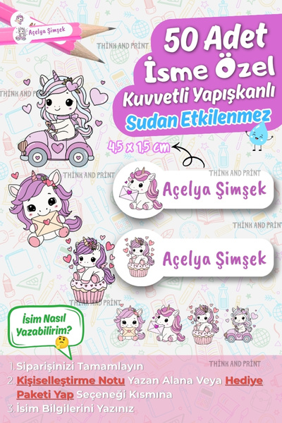 Think And Print Okul Etiketi Kalem Defter isimli Etiket Isim Yazılabilen Sevi...