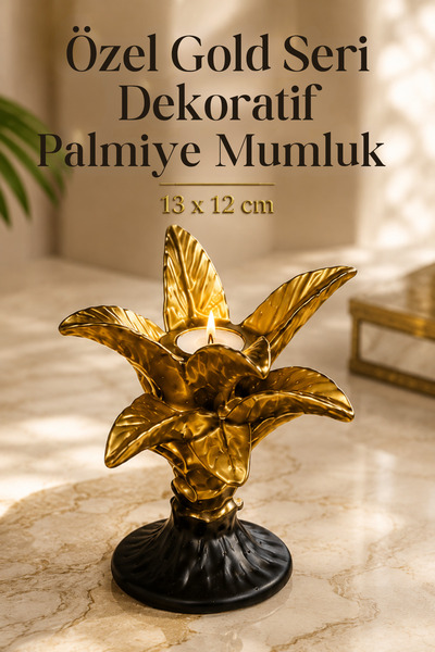Madetoll Gold Dekoratif Palmiye Mumluk – Mini Mum İçeren Özel Tasarım | Taşto...