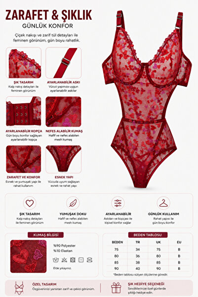 MGEStore Kadın Dantelli Çiçek Desenli Transparan Bodysuit Sütyen Görünümlü İç...