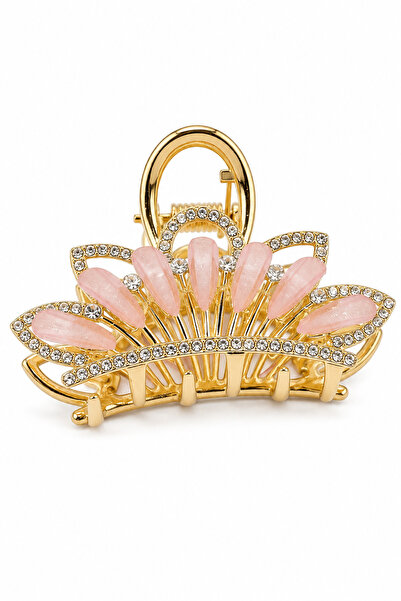 MakeWell Tightly Gripping Women's Stone Hairpin Clip – Gold Color with Pink a...