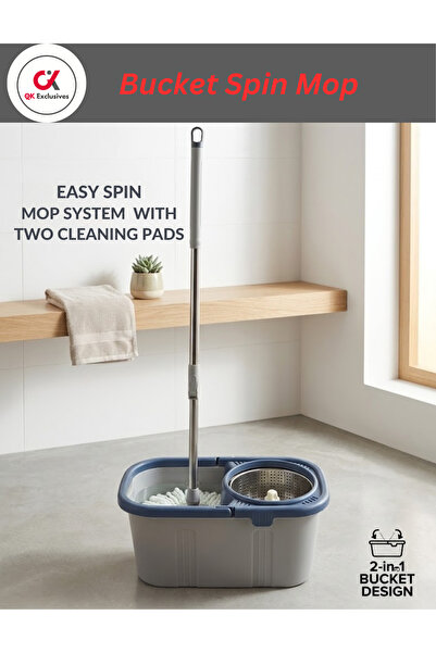 QK Exclusives - 360° Spin Mop bucket Set With Steel Bowl and Bucket System wi...