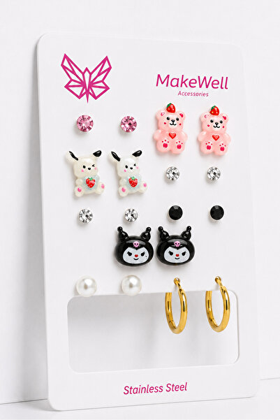 MakeWell 9 Pairs Stainless Steel Earrings Set – Kuromi, Teddy Bear, Rabbit, P...