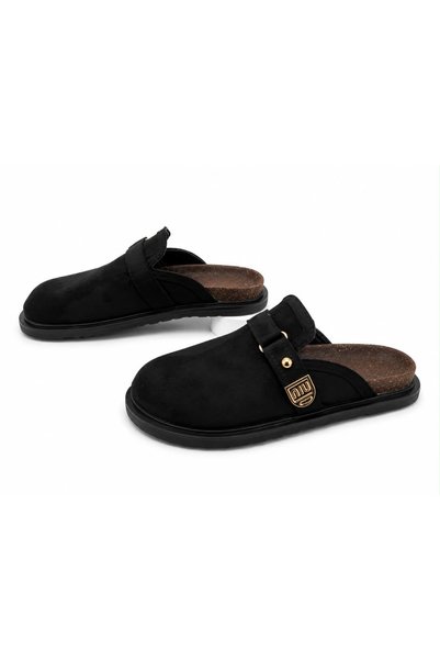 diclepolat Women's Black Suede Buckle Sabo Mule Slippers Daily Comfortable Thick Sole Home and Outdoor Slippers Arite