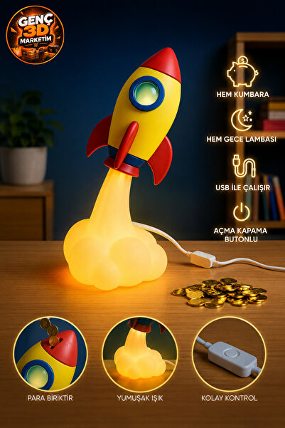 Genç 3D 2'si 1 Arada Roket Gece Lambası ve Kumbara - USB Bağlantılı Açma Kapa...