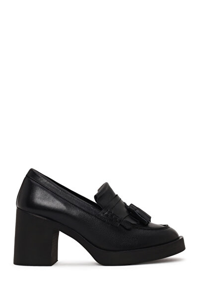 Derimod Women's Black Thick Heeled Tasseled Leather Loafer Af450012Dv