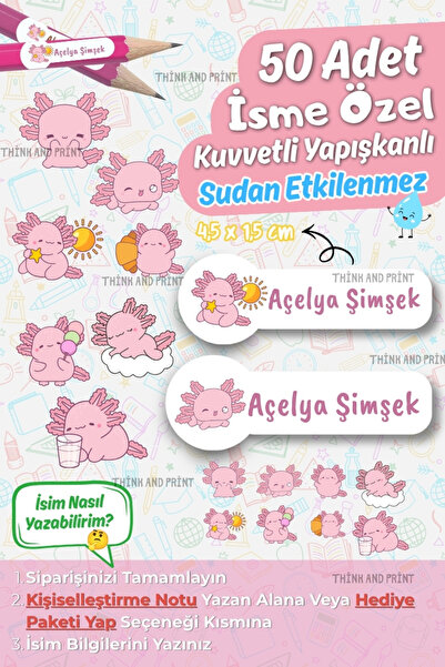 Think And Print Okul Etiketi Kalem Defter isimli Etiket Isim Yazılabilen Sevi...
